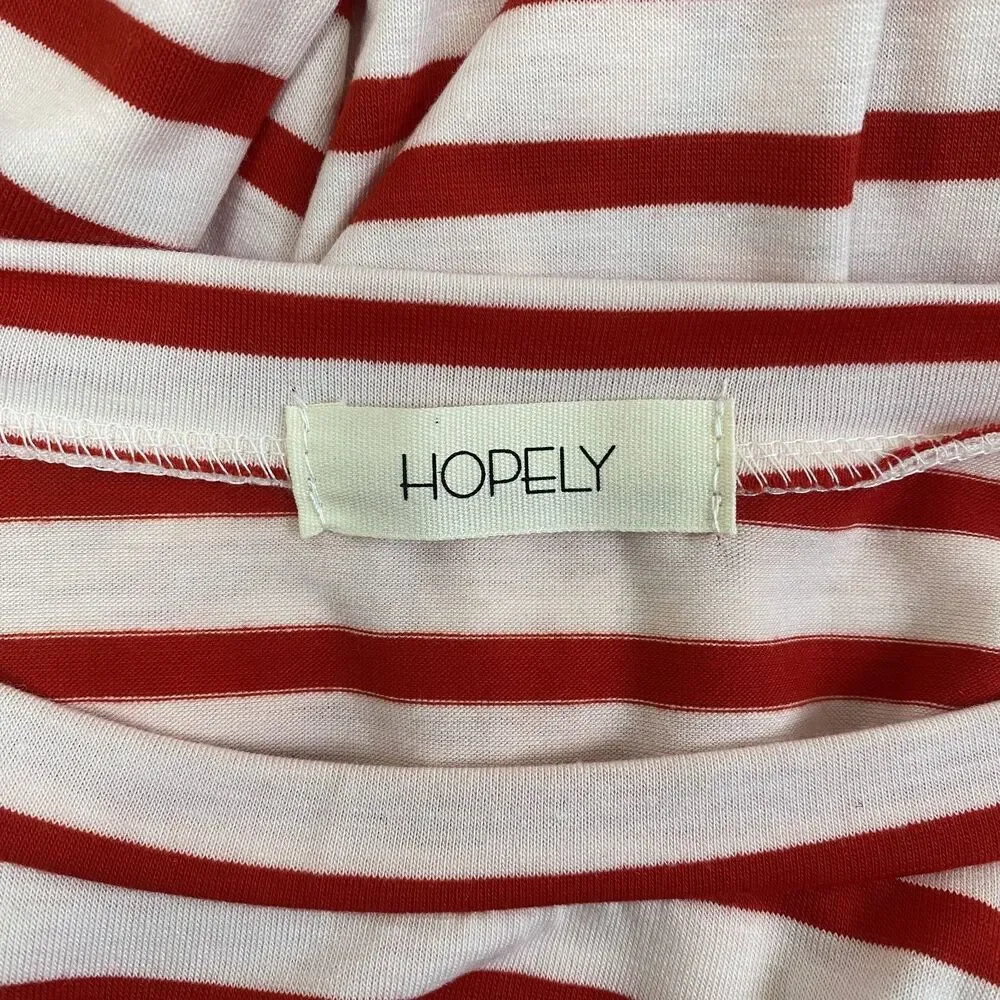 Women’s Boat Neck 3/4 Sleeve Red & White Striped Top Ruffle Hem Size M